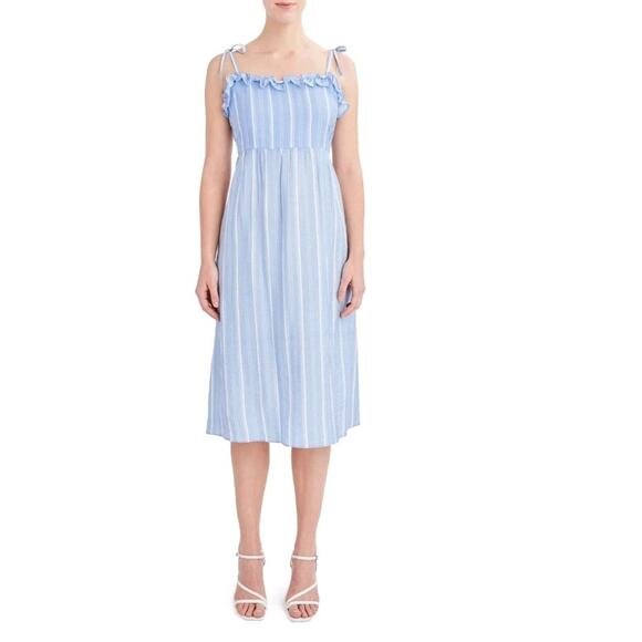 BCBG Paris Dress XS Blue Striped Ruffle Midi High Waist Pockets Side Zip EUC - Picture 1 of 10